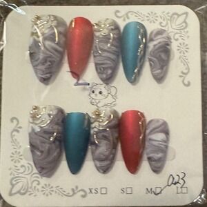 Press on Nails Set Marble Accent‎ Long Stiletto False Nail Tips